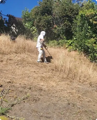 A person in a white suit walks confidently on a grassy hill under a clear blue sky